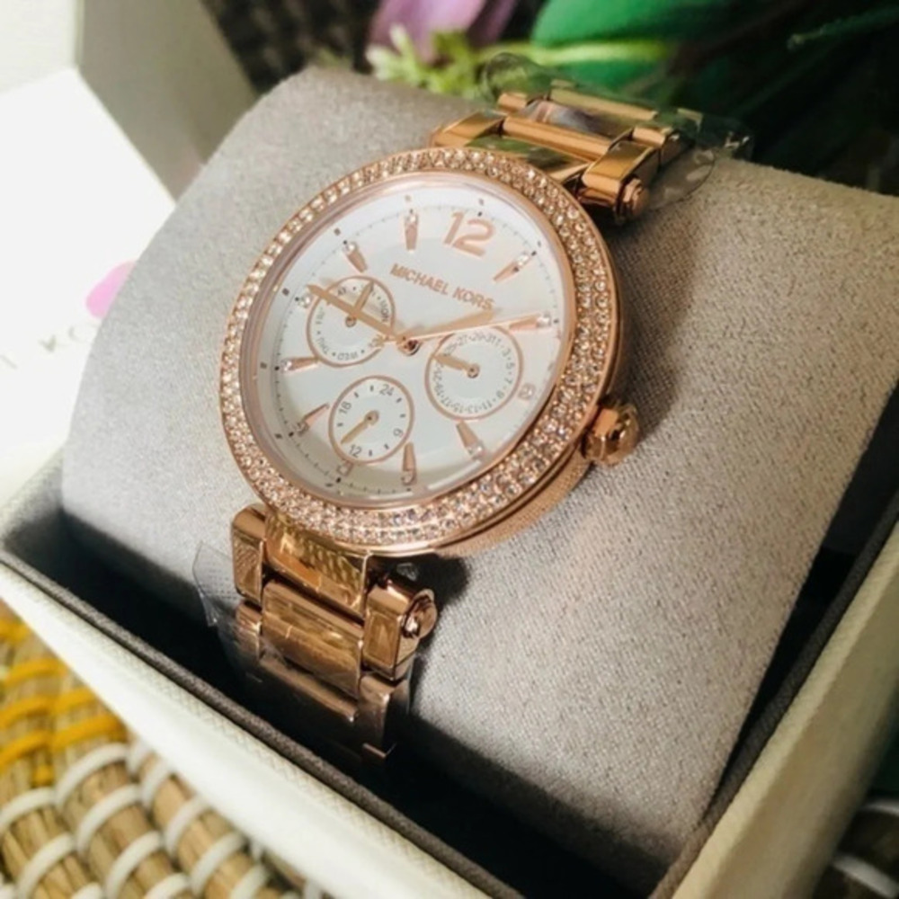 Michael Kors Rose Gold Chronograph Watch Crystal Bezel 39mm NWT